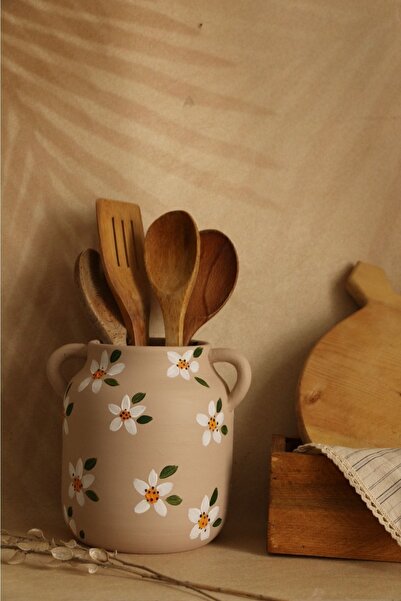 Hoyatap Dekoratif Papatya Ve Yaprak Desenli Kulplu Seramik Kaşıklık-el Boyama...