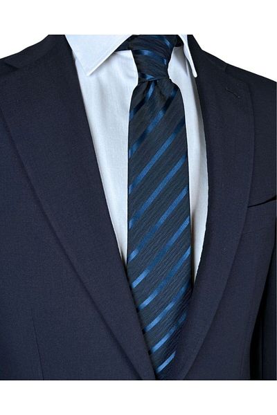 1001 Kravat Navy Blue Striped 8 cm Wide Tie
