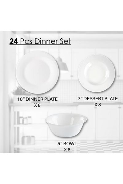 Houzi 24 Pcs Opal ware Dinner set 6 Dinner plate 6 Dessert plate 6 Bowls 6 Soup spoon