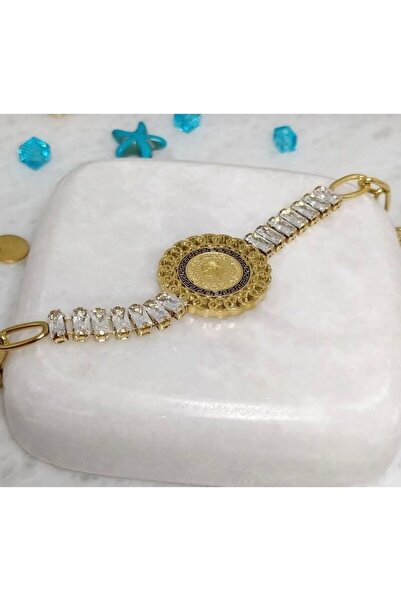 Nayino ALTIN KAPLAMA ÇEYREKLİ ÇELİK BİLEKLİK BAGET TAŞLI BİLEKLİK