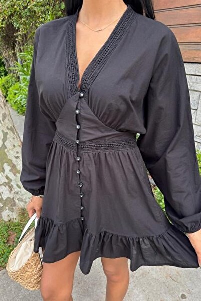 Emiray Store Brode csíkos szoknya fodros ruha 2897 fekete női/lány stílusos, kényelmes női ruha