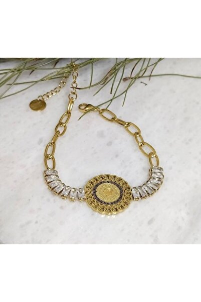 Nayino ALTIN KAPLAMA ÇEYREKLİ ÇELİK BİLEKLİK BAGET TAŞLI BİLEKLİK