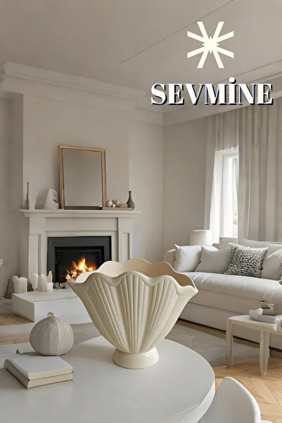 SEVMİNE Krem 16 Cm Renk Beton Istiridye Vazo | El Yapımı Dekoratif Çiçeklik | Modern Şık Tasarım