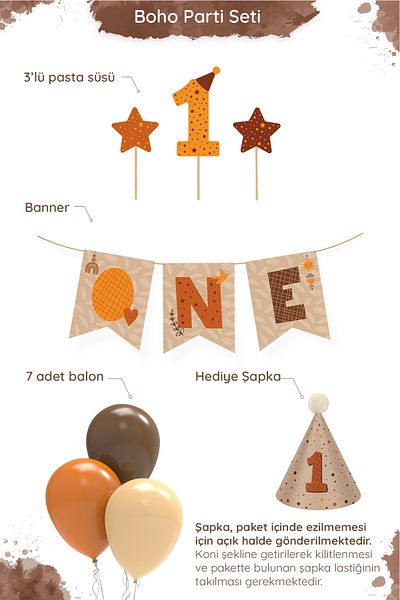 Hey Parti Minimal Boho Themed 1 Year Old Birthday Party Set (BANNER, 7-PIECE BALLOON, CAKE TOPPER) Γενέθλια Concept