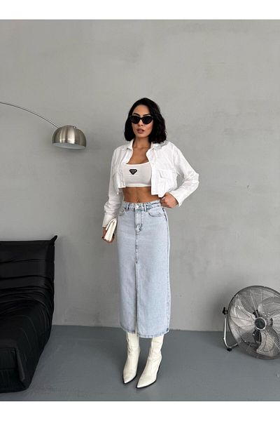 Zeo Basic FUSTA JEAN DE MĂRIME MAXI SLIT SNOW WASH