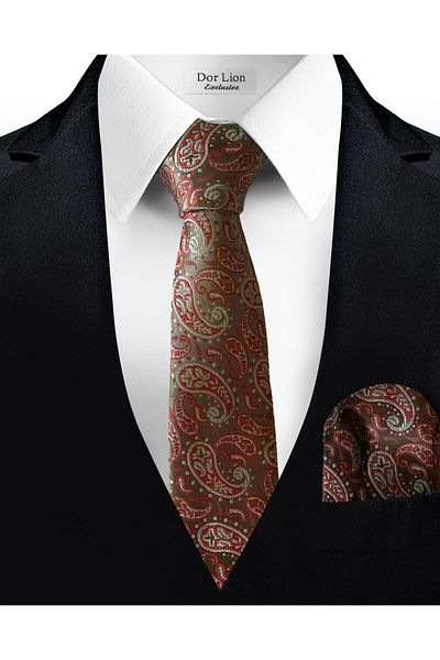 Dor Lion Paisley Patterned Red Tie and Handkerchief - 7 cm