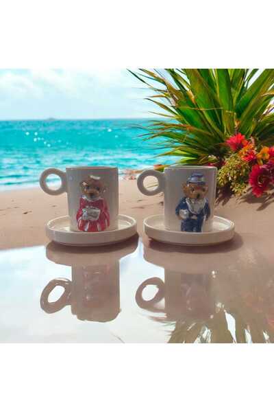 seda seramik Handmade Bear Teddy Silver Gilded 2-Person 4-Piece Coffee Cup Set 110 ml