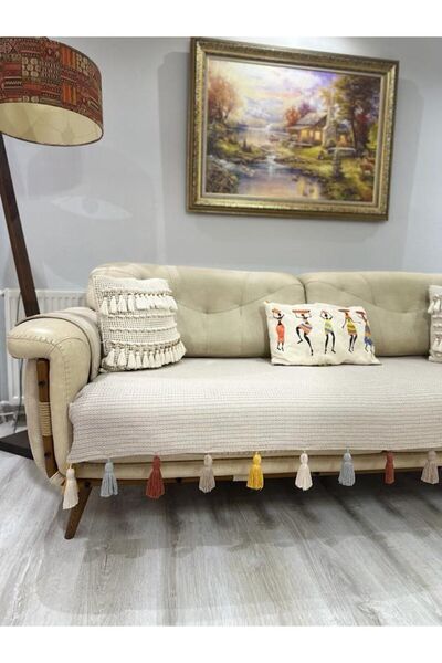 Petek Home Renkli Püsküllü Koltuk Örtüsü Vizon Renk (1 ADET 90X210) Yanlizca Oturma Alanına Ortudur