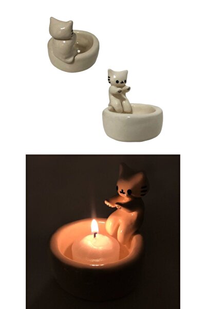 KnitBee Üşüyen Kedi Mumluk, Tealight Mumluk, Ateş Başında Isınan Kedi Mumluk,...