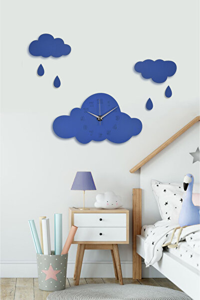 İnfigo Concept ساعة حائط خشبية زرقاء غائمة لغرفة الأطفال - (ملصق خشبي مع هدية على شكل غيمة وقطرة مطر)