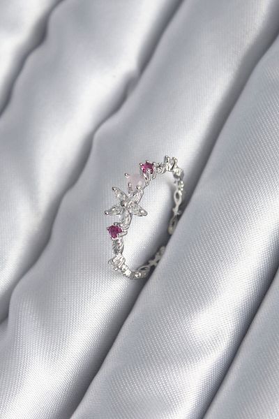 Skygo Brass Silver Color Zircon Stone Flower Model Pink Zircon Stone Detail Women's Ring - Tj-Byk2984