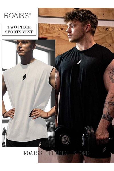 ROAISS Men's Sports Vest Muscle Fitness Casual Running Training Loose Large Size Cotton Sleeveless Round Ne