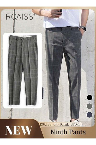 ROAISS Young Men's Suit Pants Straight Fit British Plaid Thin Section Business Casual Pants Cropped Pants