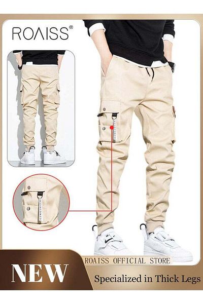 ROAISS Men's Cargo Trendy Pants Casual Jogging Pants Loose Fit Ankle-Tied with Elastic Drawstring
