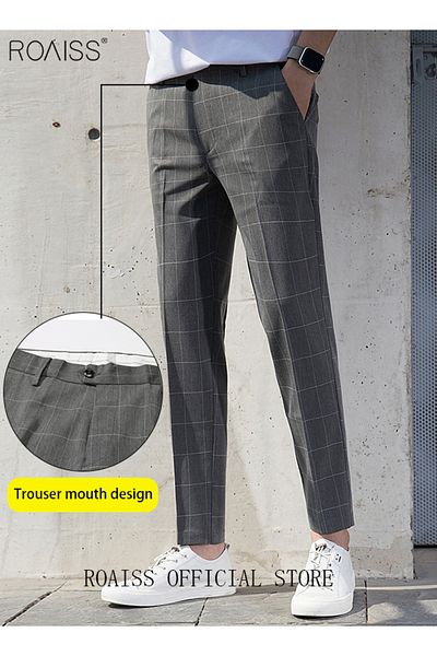 ROAISS Young Men's Suit Pants Straight Fit British Plaid Thin Section Business Casual Pants Cropped Pants