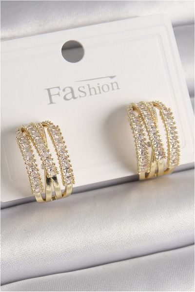 nazeninstoğu Brass Gold Color Zircon Stone Hoop Model Women's Earrings - Tj-Bkp9929
