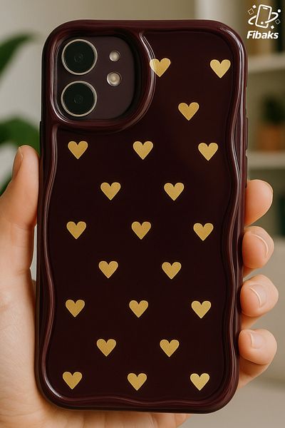Fibaks Apple iPhone 11 Case with Camera Protection Wave Edge Tiny Yellow Heart Pattern Burgundy Silicone Cover