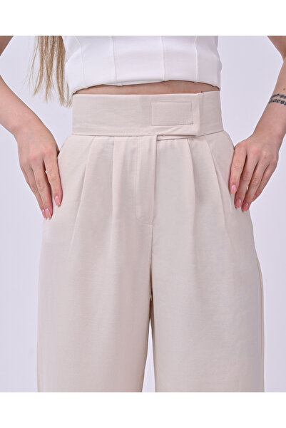 polle Ženske palazzo pantalone visokog struka - boja kamena, dizajn sa čičkom