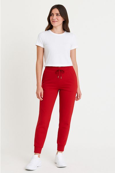 ESPİNA Women's Elastic Leg 2 Thread Knitted Jogger Sweatpants Red