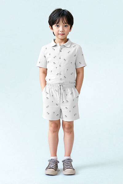 Kyron Boy's 100% Cotton Patterned Short Sleeve Shirt and Shorts Set / White