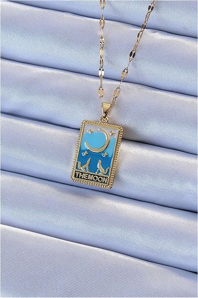 Skygo 316L Steel Chain Gold Color Blue Enamel Moon Figure Tarot Necklace - Tj-Bko9213