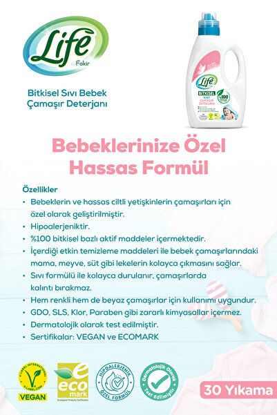 Life by Fakir Bitkisel Bazlı Vegan Sıvı Bebek Deterjanı 1500 ml X 3 Adet, %100 Doğal Temizlik
