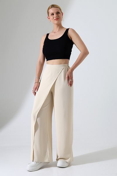 BEDUCA Ecru High Waist Aerobin Fabric Wide Leg Palazzo Trousers with Piece Detail on the Front