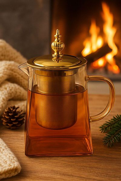 morponi Borosilicate Glass Amber Metal Strainer and Teapot with Lid Pyramid 950 ml