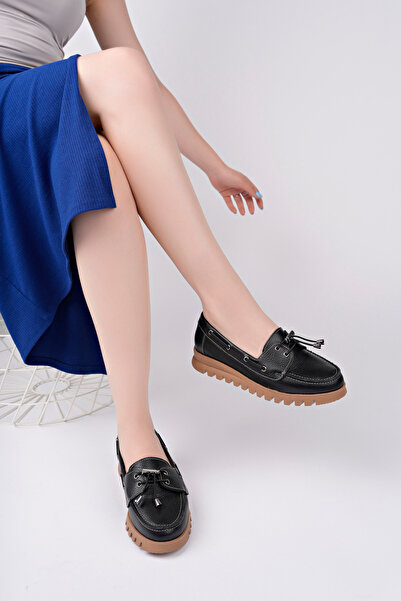 Deripabuc Genuine Leather Black Women's Leather Loafer Shoes Trc-9901