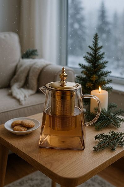 Qerhome Borosilicate Glass Amber Metal Strainer and Teapot with Lid Pyramid 950 ml