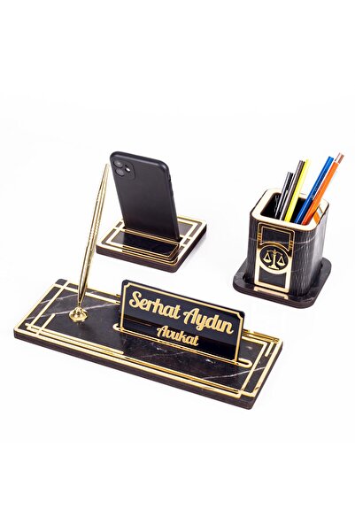 Ofistike Space Avukatlara Özel Kalemlikli Ahşap Masa Seti Mermer Desenli Hedi...