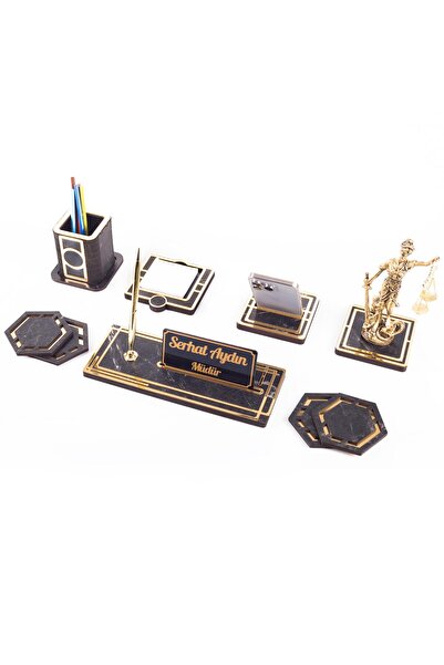 Ofistike Space+ Themis Biblolu Ahşap Masa İsimliği Seti Mermer Desenli Ofis D...