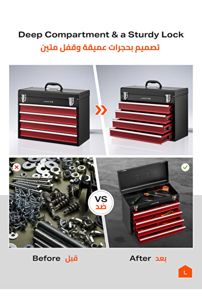 Lawazim 4-Drawers Tool Box with Handle -Black- Portable Tool Storage Box with Secure Latches