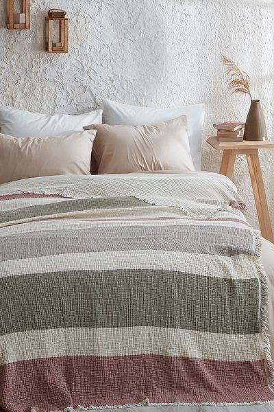 Medaillon Home مفرش سرير مخطط 4 طبقات من الموسلين 100% قطن على الوجهين - بيكيه 220x240