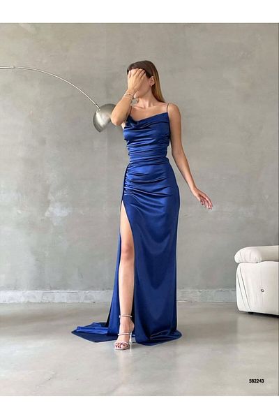 dükkan10butika Saks Blue Long Slit Rope Strap Evening Dress - Engagement and Wedding Evening Dress