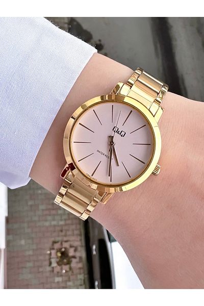 Q&Q White Analog Wrist Watch with Gold MeTal Cord and Stone DeTail Stylish Dial