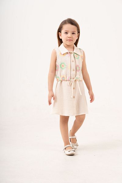 Gocoland Girl's Muslin Dress with Floral Crochet Vest