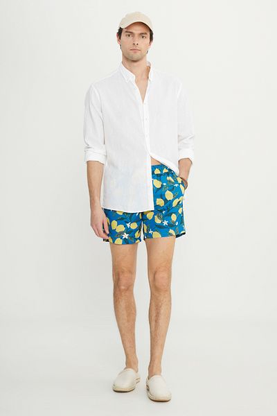 AC&Co / Altınyıldız Classics Costum de baie pentru bărbați, albastru-galben, cu buzunare, cu uscare rapidă, cu model, cu croiala standard, cu croiala normală, pantaloni scurți de baie