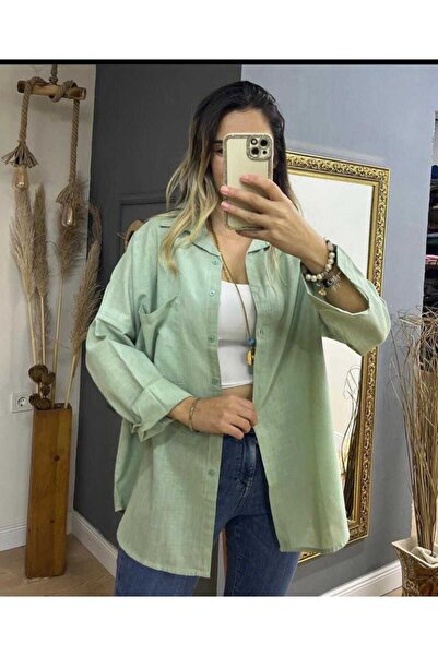 İDA ACCESSORY Kadın Oversize Standart Beden % 100 Pamuk Keten Ince Gömlek
