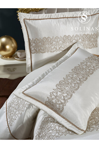 Solinas Collection Eleganza Krem Saten Vizon Nakışlı Çift Kişilik Çeyizlik Yatak Örtüsü