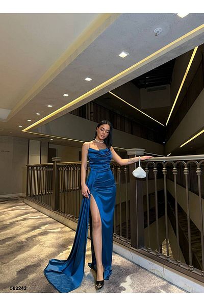dükkan10butika Saks Blue Long Slit Rope Strap Evening Dress - Engagement and Wedding Evening Dress