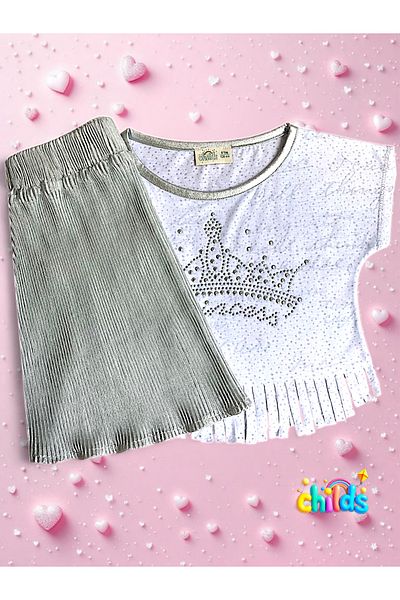 childs Bottom Top Summer Girls' Two-Piece Suit Tassel Combed Cotton Stone Printed Top Pleated Silver Shiny Skirt.