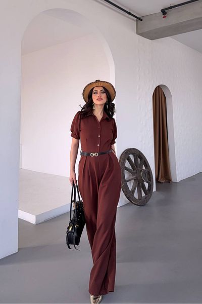 Neşeli Butik Women Shirt Collar Belt Wide Leg Jumpsuit Nbk4197