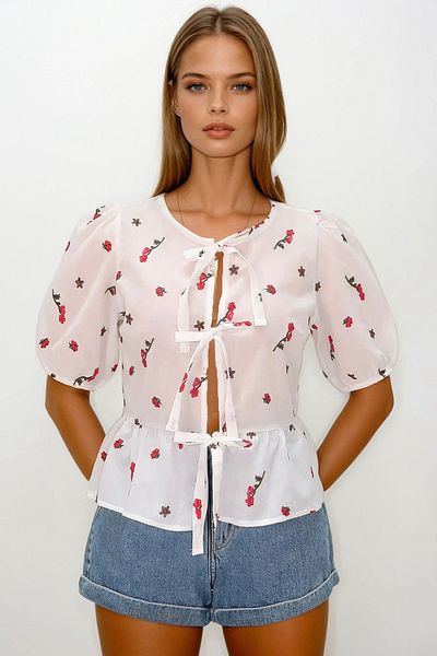 VAGGON Women's Red Sleeves Elastic Tie-Up Floral Embroidered Blouse Vs00168