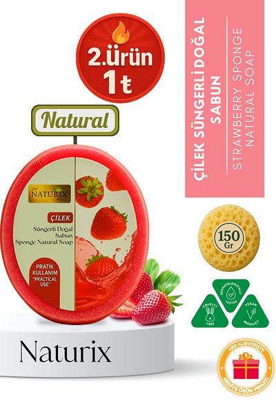 Naturix Strawberry Sponge Soap 150 Gr |   Natural Strawberry Soap |   Skin Purifying with Peeling Effect