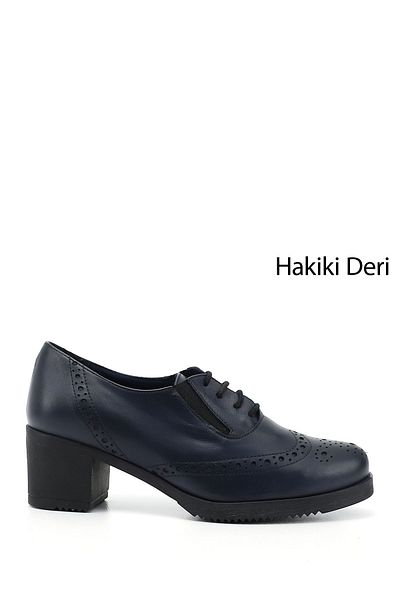 GÖNDERİ(R) Women's Navy Blue Antique Laced Medium Thick Heeled Genuine Leather Oxford Shoes