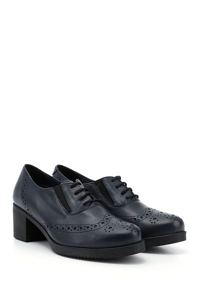 GÖNDERİ(R) Women's Navy Blue Antique Laced Medium Thick Heeled Genuine Leather Oxford Shoes