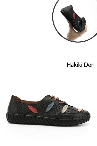 GÖNDERİ(R) Women's / Girls' Black Lace-Up Genuine Leather Comfort Shoes