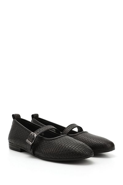 GÖNDERİ(R) Women / Girls Black Straw Printed Mary Jane Genuine Leather Ballerinas