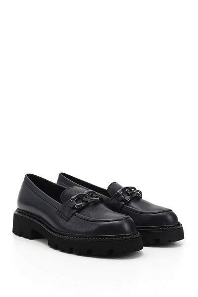GÖNDERİ(R) Women / Girls Navy Blue Antique Thick Heeled Buckle Genuine Leather Loafer Shoes